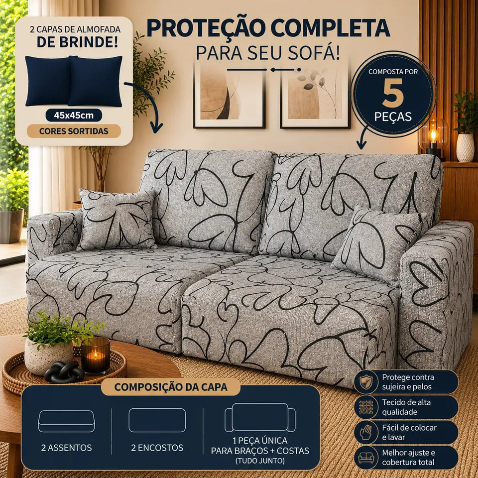 Capa de Sofá Retrátil Spandex + 2 Capas de Almofadas + Fixadores, Estampadas, Pronta entrega, (2,3 Lugares)