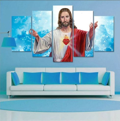 Painel Quadro Mosaico 5 Partes Jesus Cristo Coraçao 6mm Hd