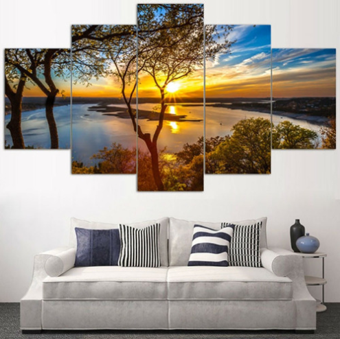 Quadro Paisagem Por Do Sol Moderno 5 Peças Mosaico Mdf6m